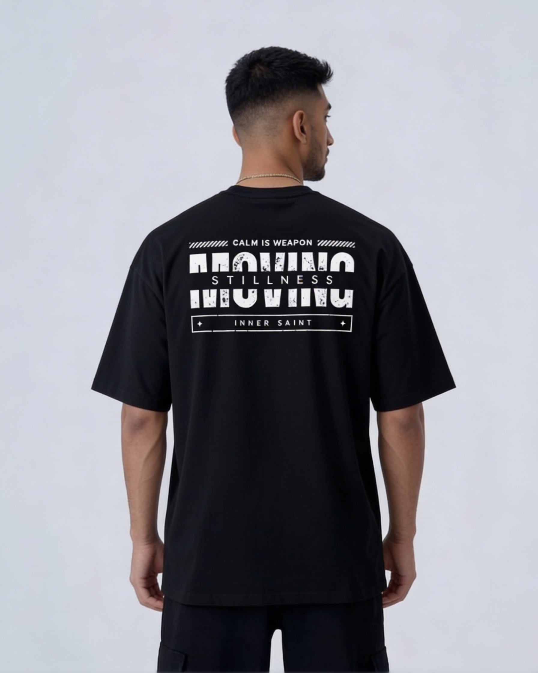 MOVING WITH STILLNESS - Oversized Black Print Tee