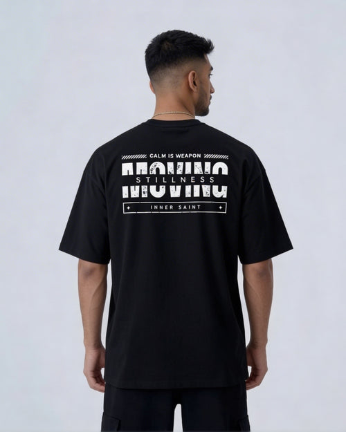 MOVING WITH STILLNESS - Oversized Black Print Tee